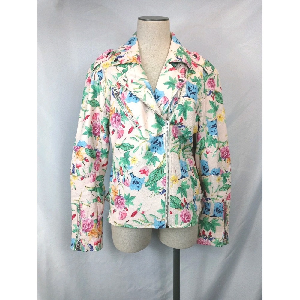 Colleen Lopez Womens Floral Moto Biker Jacket Faux Leather Full Zip Pink‎ Size L
